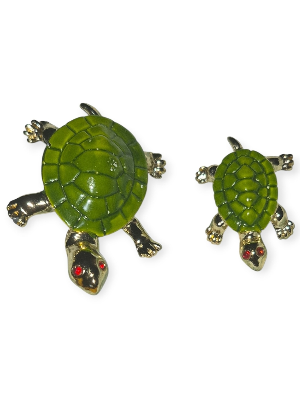 Vintage Turtle Scatter Pins  - Gold Tone W/ Green Enamel And Red Crystal Eyes
